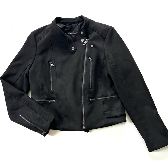 Banana Republic Black Vegan Leather Suede Zip Moto Jacket - Picture 1 of 7